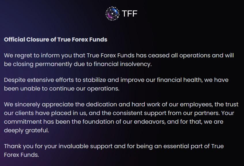 True Forex Funds shutdown notice